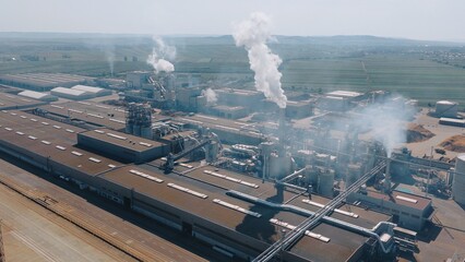 Industrial plant emitting smoke and steam into atmosphere: aerial view