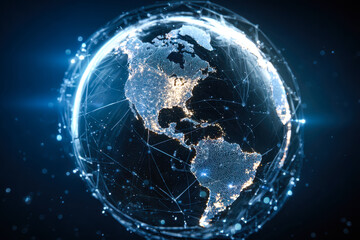 Digital visualization of Earth's continents illuminated with interconnected data points and network lines.