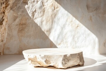 Minimalist sunlit stone table in bright, natural interior space