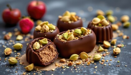 Gourmet Chocolate Desserts with Pistachios and Nuts on Dark Background
