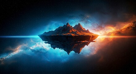 Floating Mountain Oasis in the Cosmic Void: A Surreal Celestial Landscape