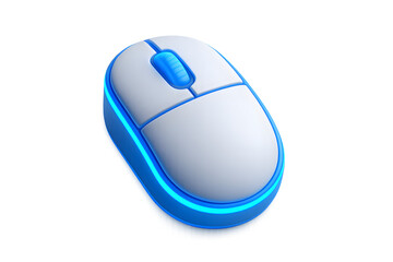 A glowing blue 3D illustration of a modern digital computer mouse with detailed buttons and scroll wheel design