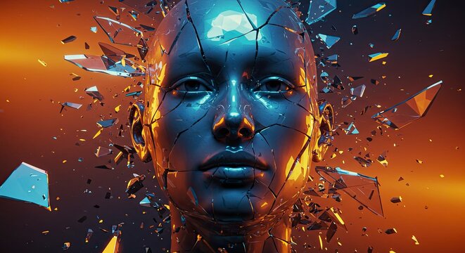 Fractured Human Face: Shattered, Metallic, Abstract, Digital Art, Surreal. - Powered by Adobe