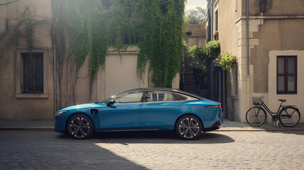Sleek Blue Sedan Parked On Cobblestone Street With Green Vines