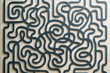Abstract dark blue maze-like pattern symbolizing a tangled mind on a light textured background in creative minimalistic design concept. Ai generative