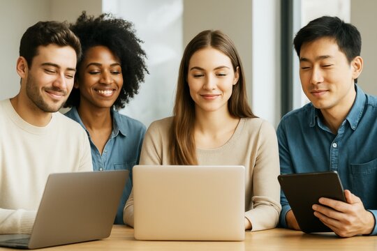 Group of diverse young professionals collaborating on digital devices at desk in bright office room with light background, teamwork concept. Ai generative