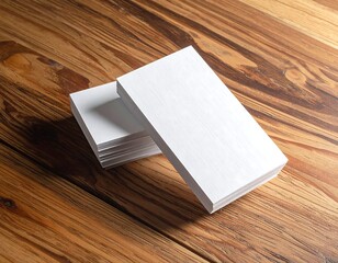 Fototapeta premium Clean blank business cards stacked on a rustic wooden table ready for branding and design