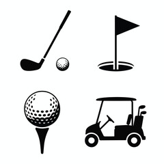 Minimalist golf icons set featuring club ball tee golf cart and hole flag silhouette vector illustration white background