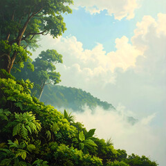 Obraz premium Serene Tropical Landscape with Mist-Shrouded Mountains