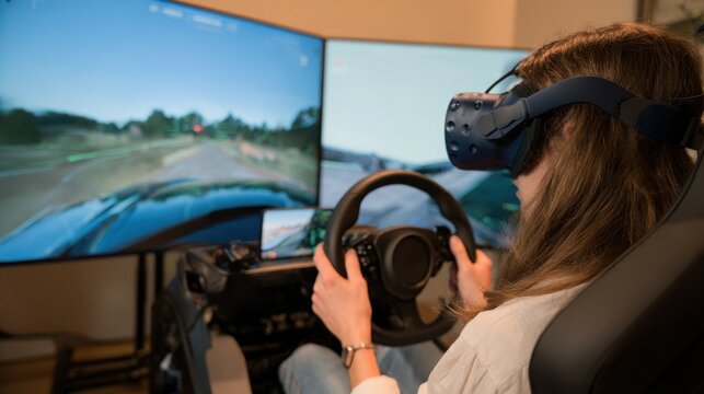 Medium shot of a user seated in a sleek car simulator focused on the steering wheel while virtual reality visuals blur softly beyond the piloting area.