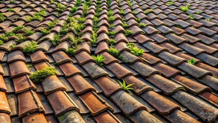 Fototapeta premium A weathered terracotta roof, showcasing the resilience of nature as vibrant green plants sprout between the aged tiles, a testament to the enduring cycle of life and decay
