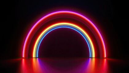 Vibrant Neon Rainbow Arch in Dark Background with Glowing Colors and Reflections for Stunning Visual Displays and Design Elements