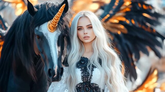 Enchanted woman stands beside a majestic winged unicorn in a magical forest during afternoon light