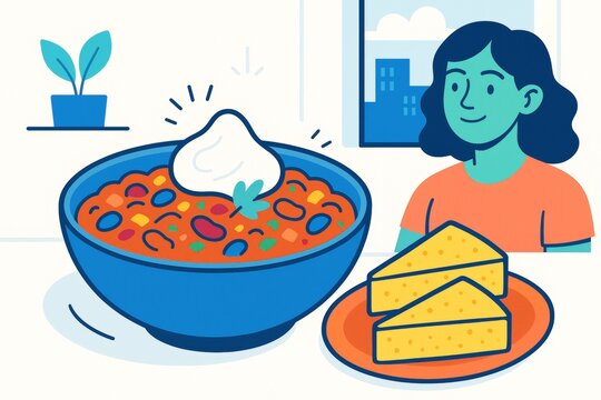Colorful bowl of chili with sour cream and cornbread on a plate, cartoon style with a smiling person and indoor light background setting. Ai generative