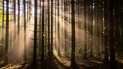 Fototapeta premium Sunlight filtering through the trees in a dense forest casting long shadows