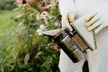 Close up of female beekeeper holding metal bee smoker in hands, horizontal image with copy space for text, concept for advertising and beekeeping concepts.