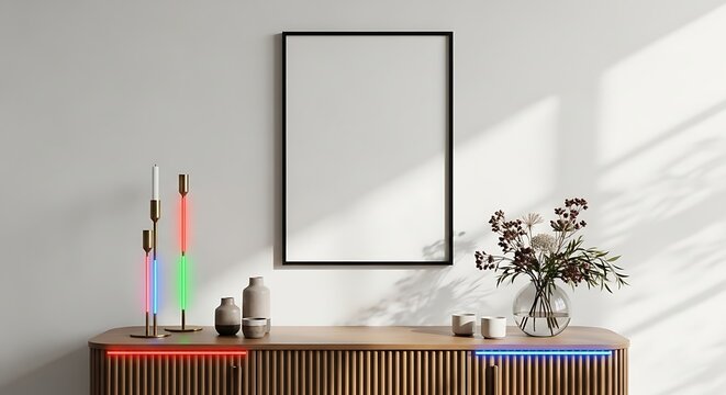 Contemporary Console Table with Neon Accents and Floral Arrangement interior - Powered by Adobe