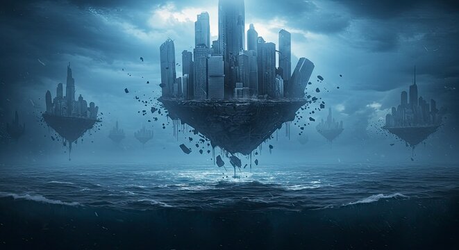 Futuristic Floating Cityscape Above Ocean, Dramatic Cloudy Sky, Sci-Fi Concept.