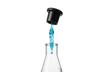 A sturdy, clear borosilicate glass laboratory volumetric flask with black stopper ejected, vibrant blue chemical liquid erupting, isolated on white, high-speed photorealistic studio shot, controlled