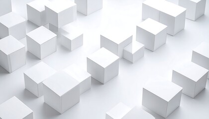 Obraz premium A minimalist, abstract composition featuring scattered, white, geometric cubes. Soft lighting creates shadows, highlighting the 3D forms against a bright, clean background. 