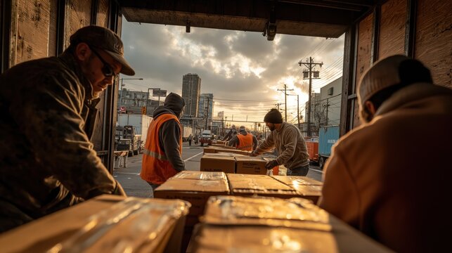 Workers Unloading Boxes from Truck at Sunset in Urban Environment