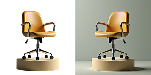 A modern ergonomic office chair for the boss, displayed on a round podium against a minimalist background (with and without a background). Boss's day.