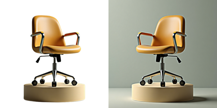 A modern ergonomic office chair for the boss, displayed on a round podium against a minimalist background (with and without a background). Boss's day.