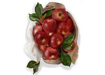 Digital Illustration of Red Apples in Rustic Basket with Green Leaves – Hand Drawn Food Artwork