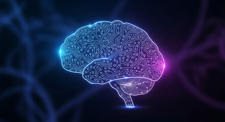 Digital brain with circuit board pattern glowing in blue and purple on a dark background design concept