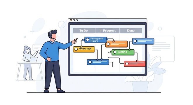 Team collaboration on project management board, planning workflow, and task organization in office - Powered by Adobe