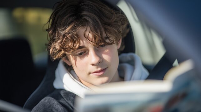 Young Person Reading Book in Car on Bright Sunny Day - Powered by Adobe