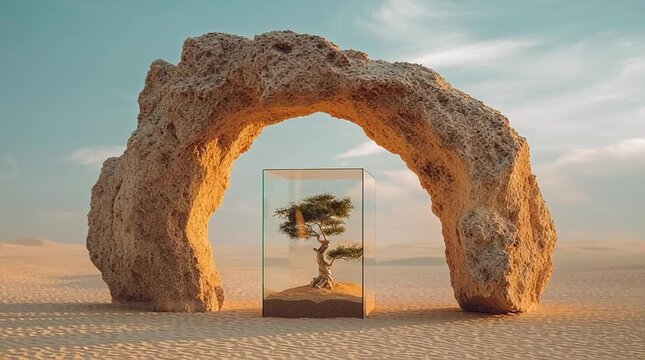 Surreal Minimalist Desert Scene with Bonsai in a Glass Cube Under a Stone Arch