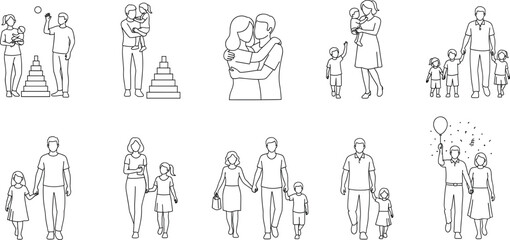 Happy family outline line art, parents with children walking, hugging, playing, holding hands, loving relationships, family bonding, parenthood, childhood moments