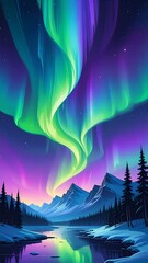 Fototapeta premium Seamless aurora wallpaper with glowing northern lights, blending green, purple, and blue tones for dreamy cosmic decor and digital art.