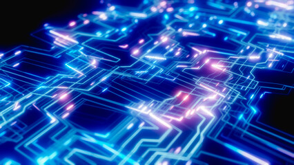 Complex network of glowing neon color lines forming a technological pattern on a dark background