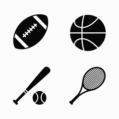 Diverse sports equipment icons football basketball baseball tennis racquet ball set silhouette vector illustration white background