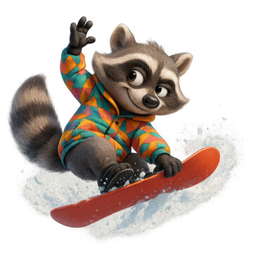 Playful cartoon raccoon in a colorful jacket rides a snowboard with snow spray, on clean white background with copy space, big bright eyes and fluffy tail, cheerful winter sports concept