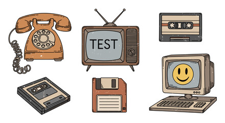 Retro technology collage featuring a telephone, tv, and computer items