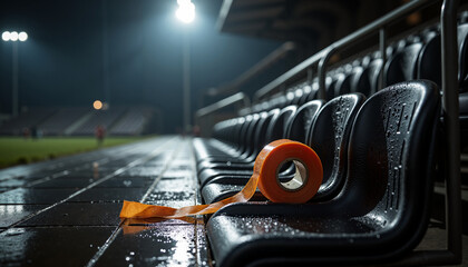 Rainy rugby field with orange tape on empty bleachers at night