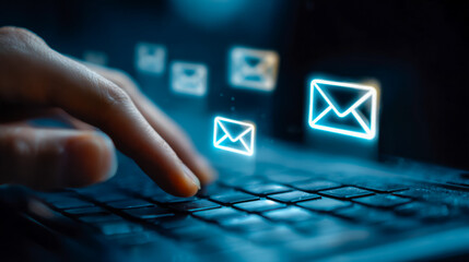 Digital communication and email notification icons over a keyboard.