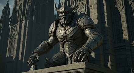 Horned Demon Guardian: Stone Statue Overlooking Gothic Cathedral, Red Eyes
