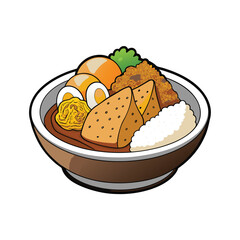 Delicious japanese curry rice with a perfectly crispy cutlet and refreshing pickle side dish illustration
