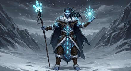 Naklejka premium Ice Elf Wizard Conjuring Magic in Snowy Mountain Landscape Illustration