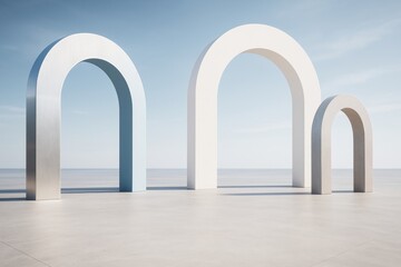 Fototapeta premium Minimal abstract architecture scene with three large modern arch structures casting shadows on concrete with clear blue sky background. Ai generative