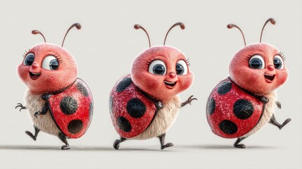 Endearing Ladybug Character with Exaggerated Features in Playful Poses