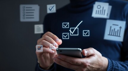 Man using mobile checklist app for task management and productivity with digital checkmark icons around him