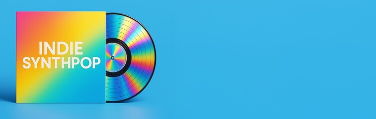 Colorful vinyl record with bright gradient indie synthpop album cover on blue background and empty space for design or promotional content. Ai generative