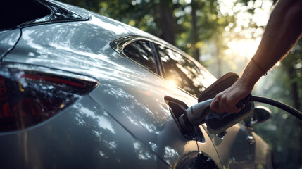 Electric vehicle being charged outdoors amid nature at sunset