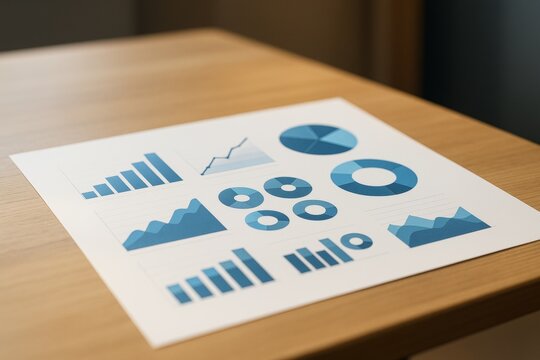 Business report with blue infographic charts on paper document placed on wooden desk in bright office environment under natural light background. Ai generative