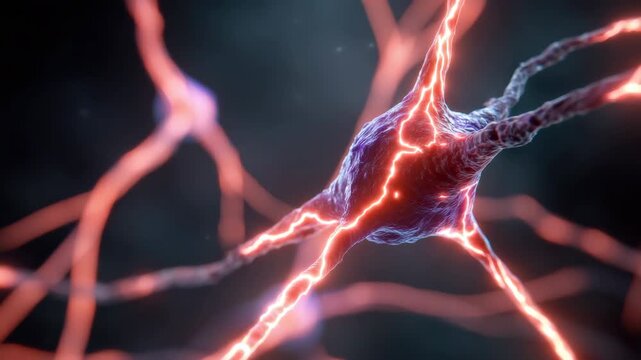Abstract representation of human neuron cells glowing with vibrant energy and connected by intricate strands showcasing advanced scientific concepts in neuroscience